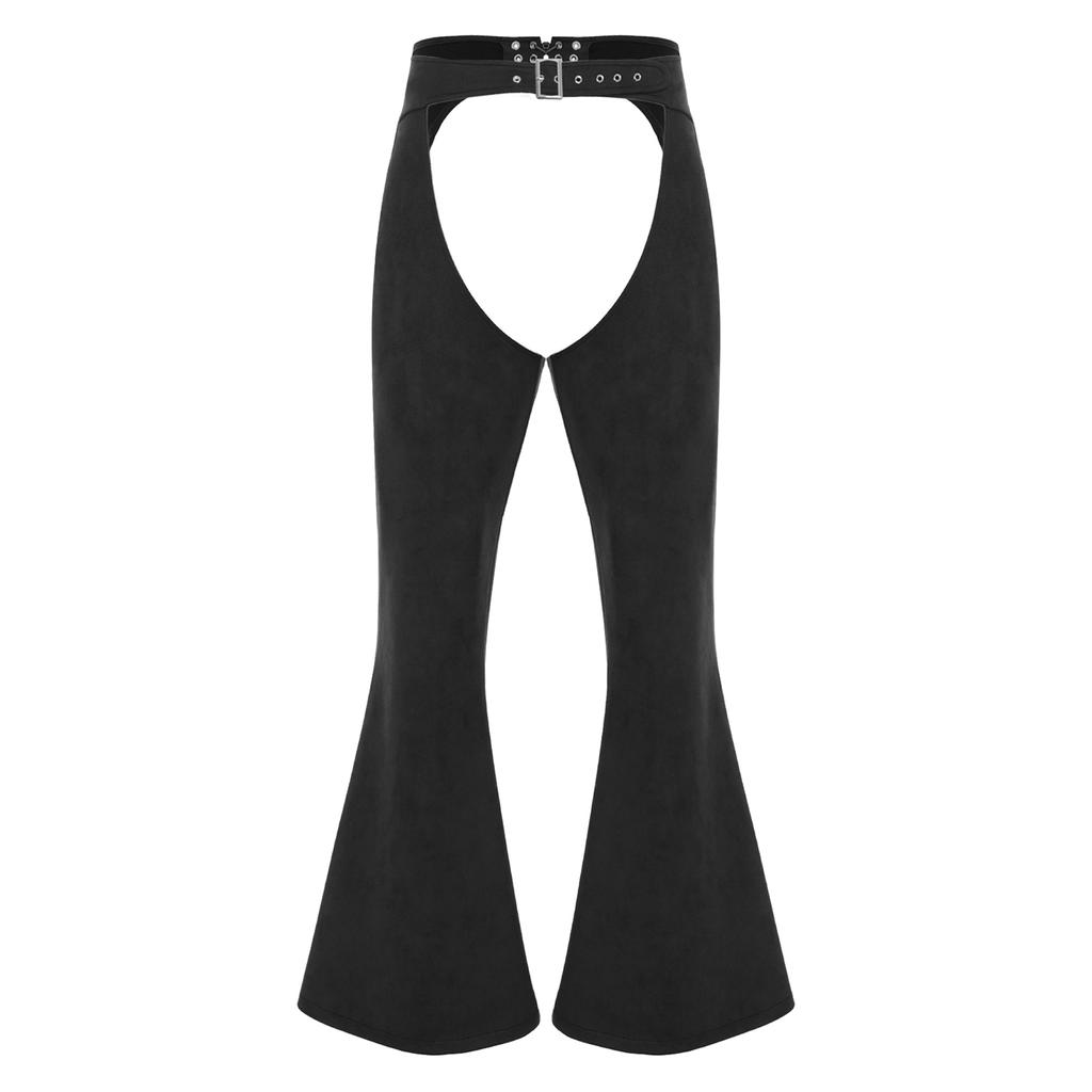 Mens Vintage Faux Suede Pants Adjustable Waist Hollow Out Design Cowboy Biker Style Wide Leg Riding Trousers