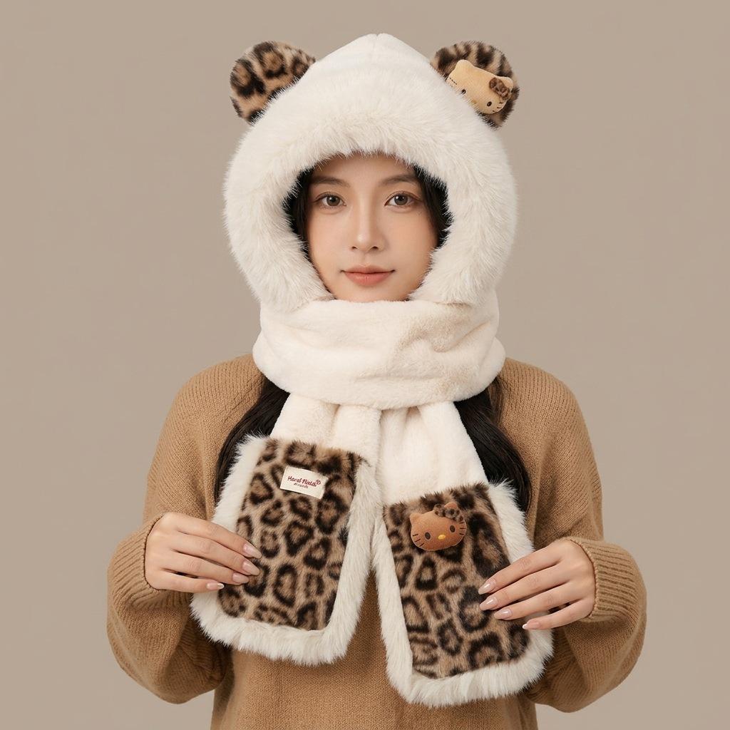 One-piece female autumn and winter warm hooded plush leopard print bear ears hat scarf scarf hat three-piece set