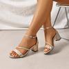 Sandales été nouvelles talon moyen talon épais argenté bout ouvert boucle Romaines talons hauts
