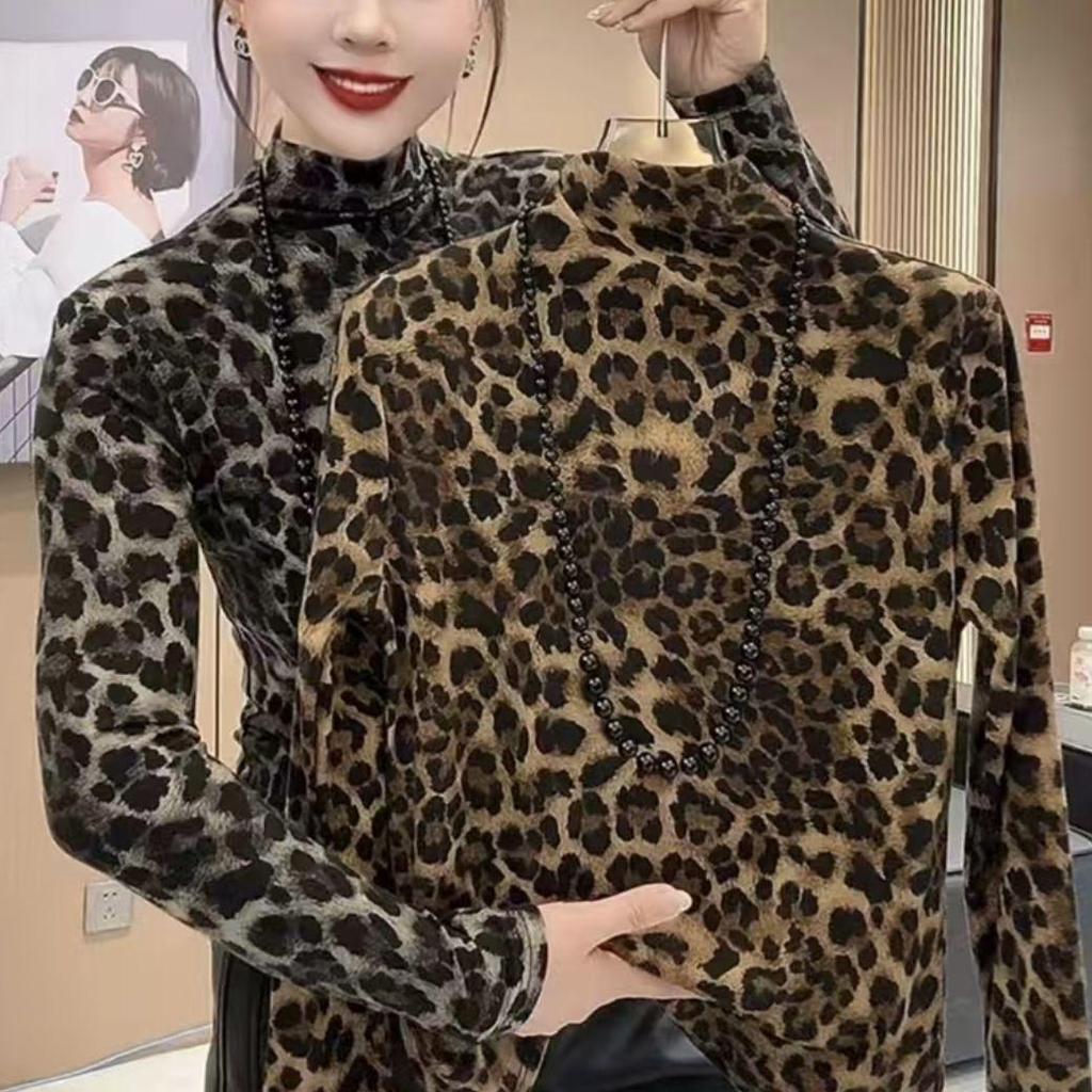 Leopard Print Tummy-Concealing Long Sleeve Top for Middle-Aged and Elderly Moms