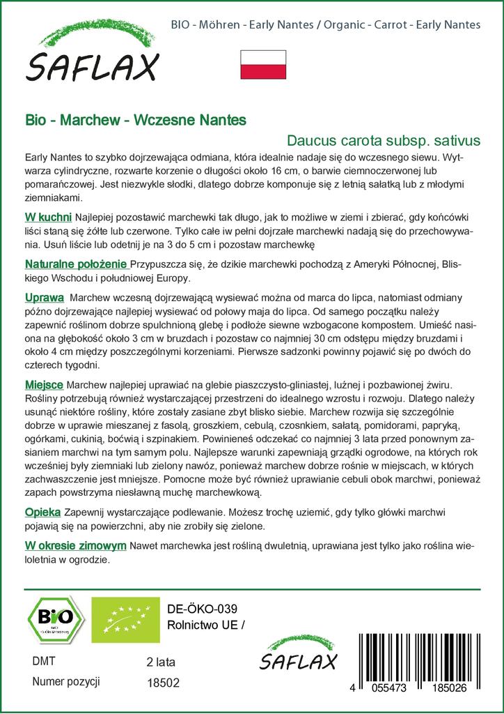 SAFLAX Garden In the Bag - Organic - Carrot - Early Nantes - 1500 Seeds - With Substrate In a Fitting Stand Up Bag - Daucus Carota