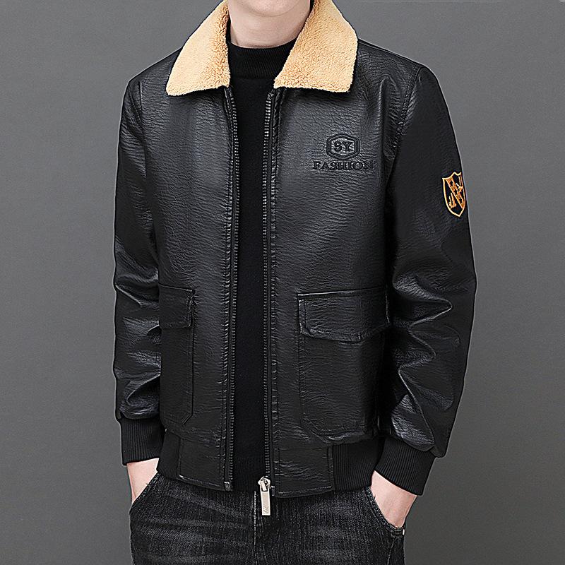 Large size leather jacket men's fleece thickened autumn and winter PU leather jacket youth locomotive flight suit