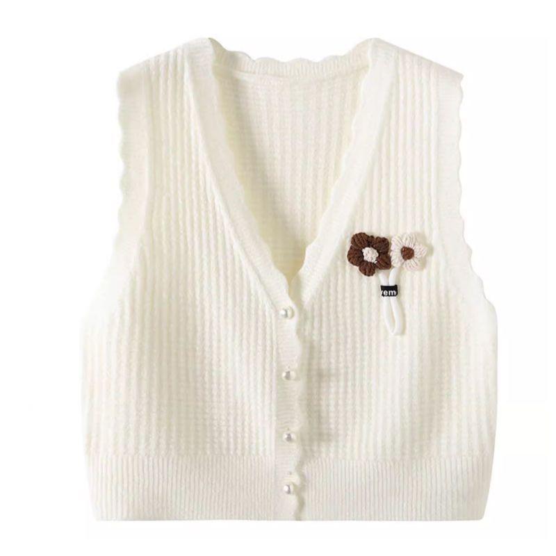 

Women Vest New Autumn Winter Fashion Floral Short Knit Sleeveless Sweater Layering Outerwear One Size білий
