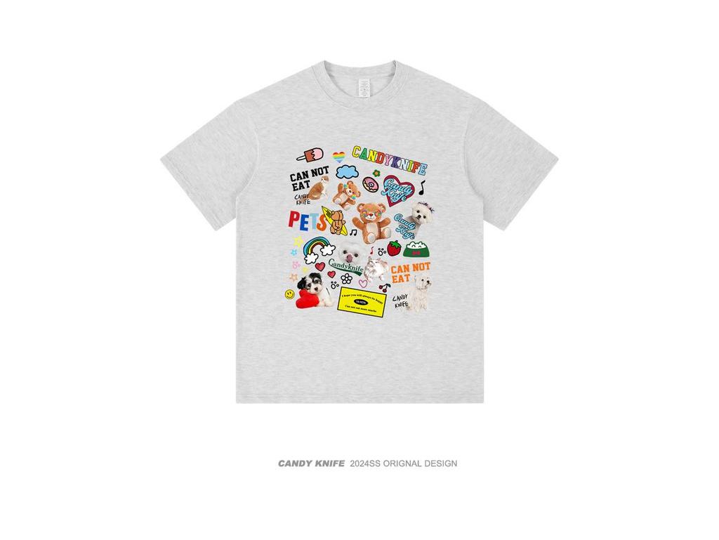 Ulzzang Cartoon Print Drop Shoulder Short Sleeve T-Shirt for Men & Women - Loose Fit