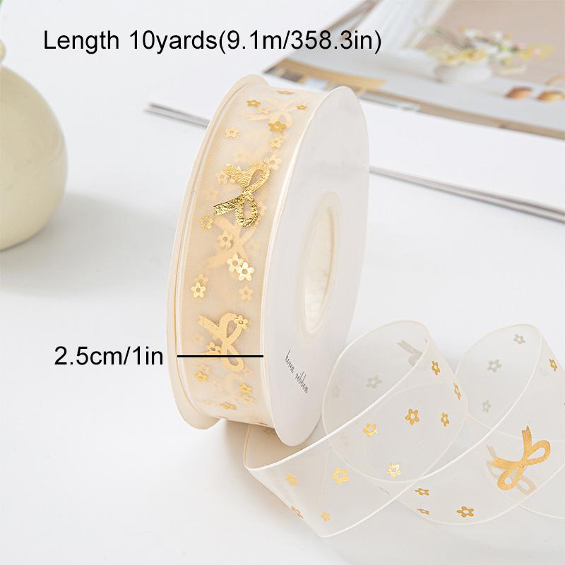 10Yards/Roll Hair Bows DIY Craft Gold Foil Snow Yarn for Gift Wrapping 2.5cm Organza Ribbon Printed Silk Ribbons