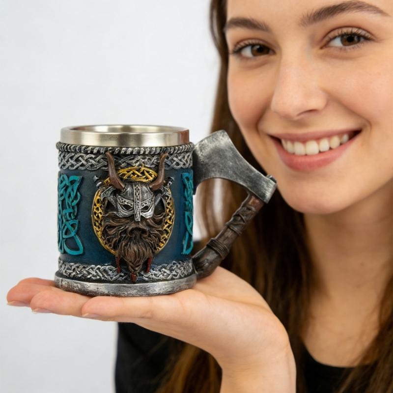 Medieval Pirate Drinking Cup With Ergonomic Axes Handle And Decorative Carvings Beer Mug For Beverage Enthusiasts Gift