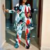 Women Plus Size Irregular Hem Three Quarter Sleeve Round Neck Printed Top Wide Leg Pants Two Piece Coordinate Outfit