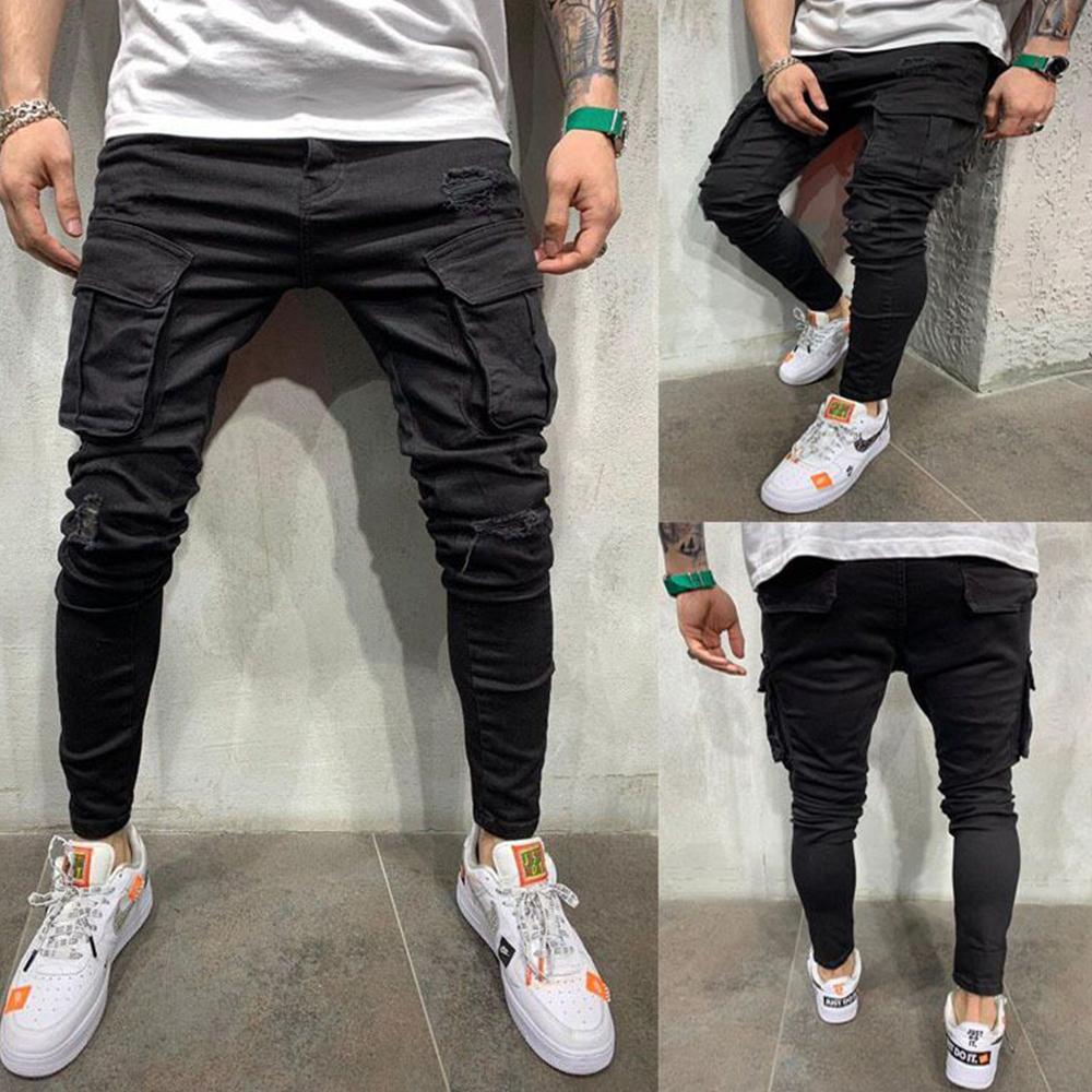 Fashion Streetwear Ripped Skinny Jeans Men Side Mulit Pockets Denim Cargo Pants Slim Fit Pantalones Hombre Soft Elastic Joggers