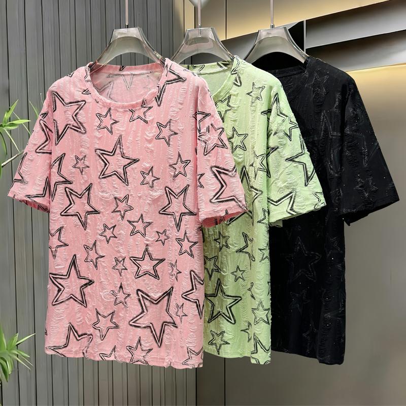 Men's Plus Size Star Print Textured T-Shirt, Casual Loose Short Sleeve Tee (5XL-11XL)