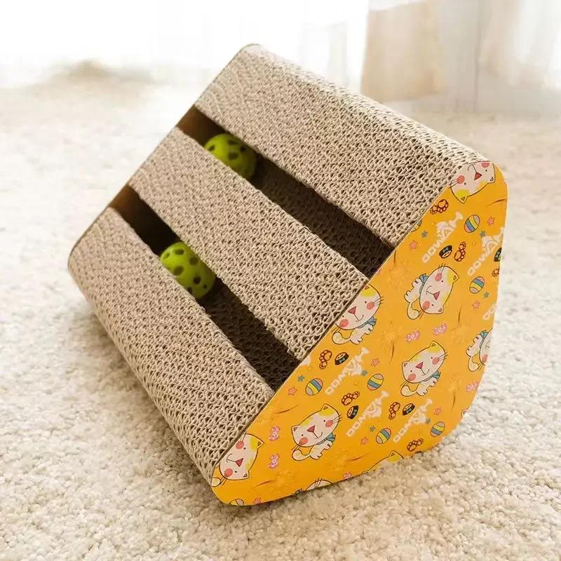 

Треугольная доска для кошек с двумя слотами для домашних животных, гофрированная картонная подкладка, шлифовальная доска для ногтей с колокольчиками, игрушки для кошек, защитная мебель для дома