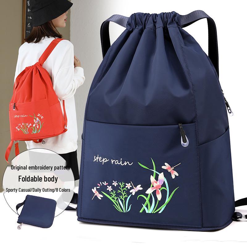 Women's Fashion Embroidery Drawstring Backpack: Oxford Cloth, Foldable Travel Bag