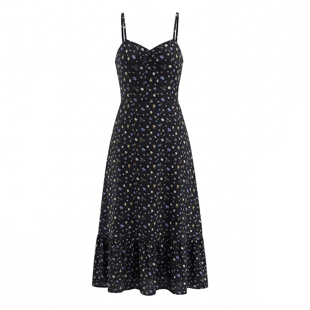 European and American style new women s dress: floral print waist-cinching versatile long slip dress S