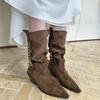 French Style Knee High Boots Women's Pointed Toe Medium Heel Boot Autumn Winter 2025 New Arrival Belt Buckle Design