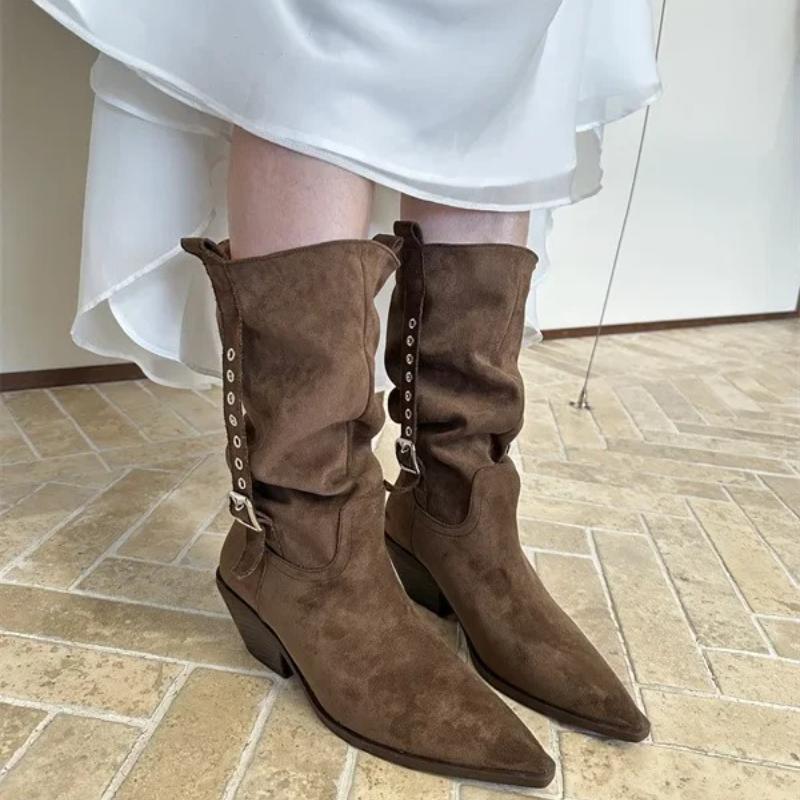 French Style Knee High Boots Women's Pointed Toe Medium Heel Boot Autumn Winter 2025 New Arrival Belt Buckle Design