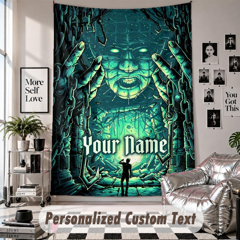 Custom Tapestry Wall Hanging, Hellraiser Pinhead Personalized Name Text Home Wall Decor