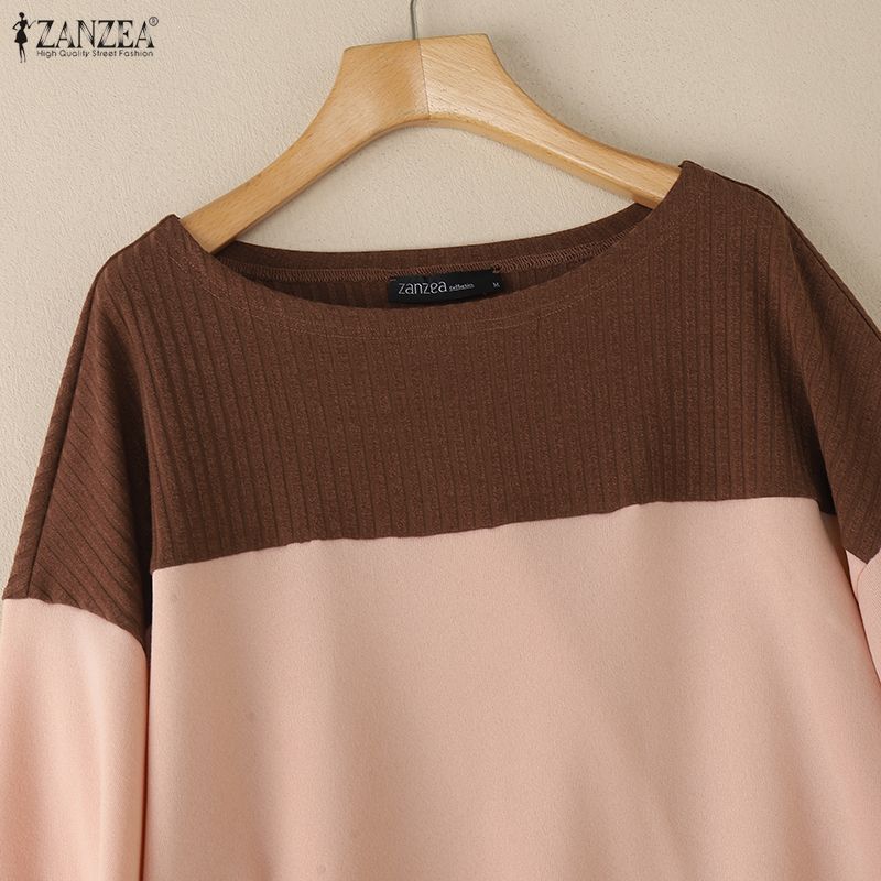 ZANZEA Women Casual Round Neck Loose Long Sleeve Patchwork Blouse