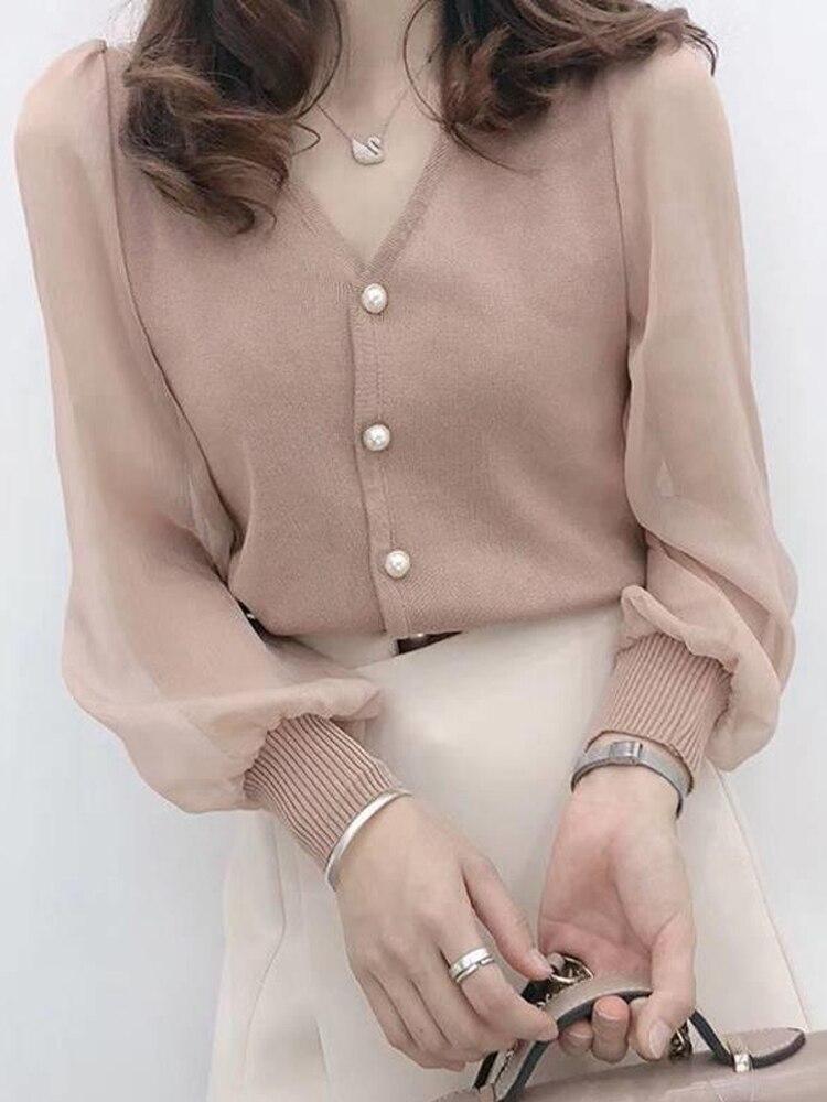 Clothe Women's Spring Autumn Style Chiffon Blouses Shirt Women's Knitted Button Long Sleeve Solid Color Lace Patchwork Tops