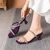 Fashion crystal double band high heels slippers women luxury designer purple flock slides party shoes woman rhinestone flip flops 2025