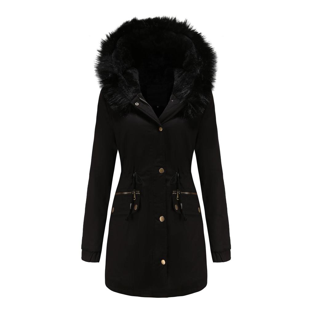 Women's Fleece-Lined Hooded Parka with Fur Collar - Warm Loose-Fit Cotton Jacket, European Size (2021 Autumn/Winter Collection)