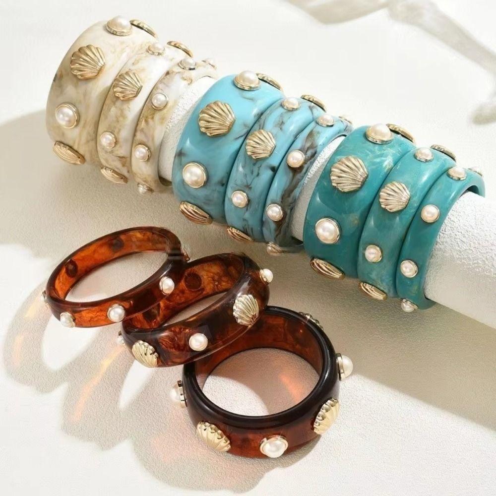 Round Resin Pearl Shell Bracelet Wide Cuff Bracelet Exaggerated Design Bohemian Bangle  Men