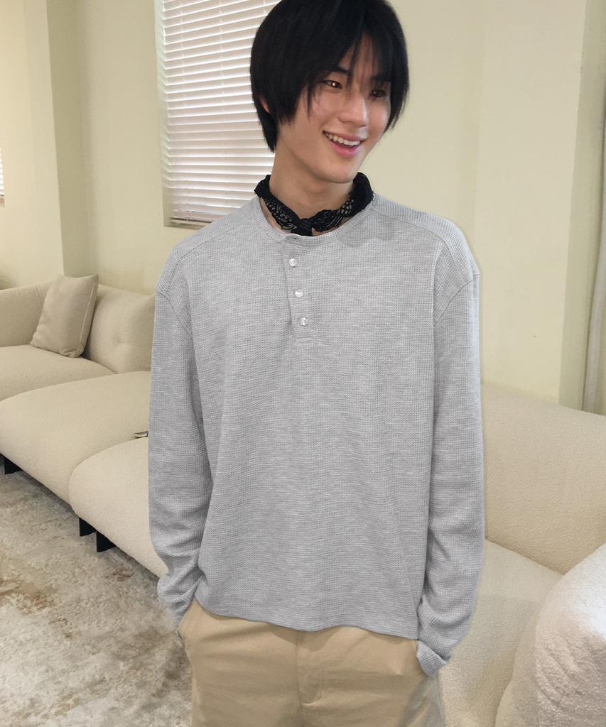 INTEMPOMOOD Slant Button Waffle Henley Neck: 3 Colors