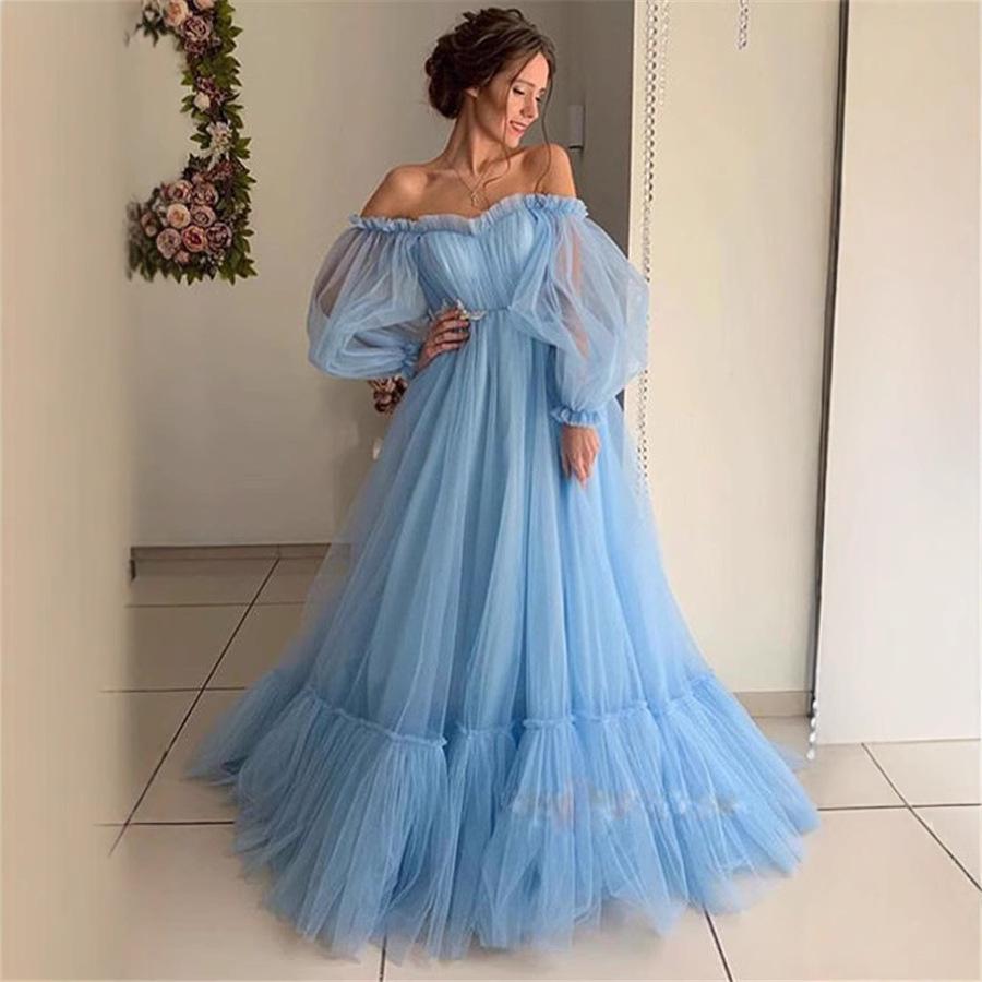 2025 Off-the-Shoulder Mesh Long Sleeve Wedding Gown - Women's European & American Style.