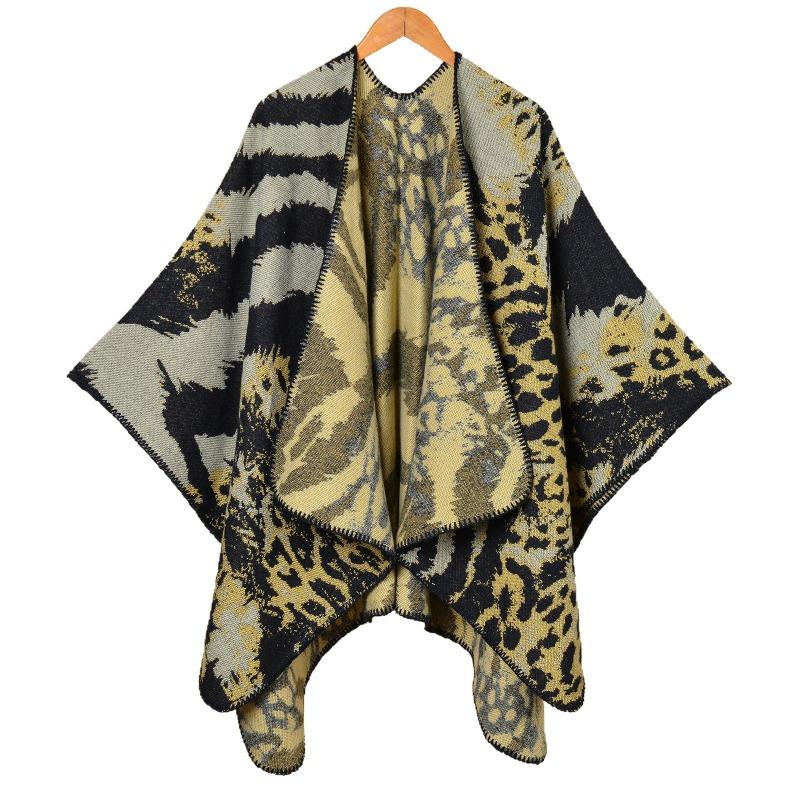 Fashion Ladies Jacquard Split Warm Shawl Cape AS Classic Animal Pattern Walk Show Shawl