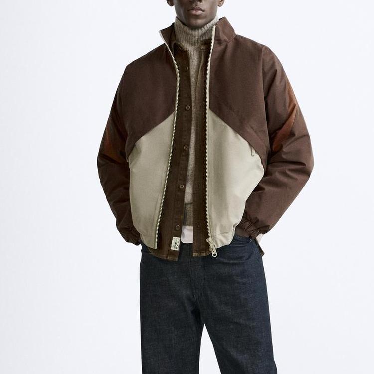 ZARA Color Block Stand Collar Zipper Thick Long Sleeve Jacket Men jackets Brown 8281365-472