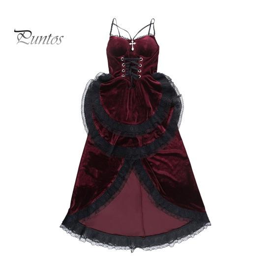 

Женское платье для косплея в темном стиле, костюм для вечеринки на Хэллоуин, кружевное лоскутное шитье, неровный подол, без рукавов, с узкими оборками на талии, регулируемые ремни на талии S красный