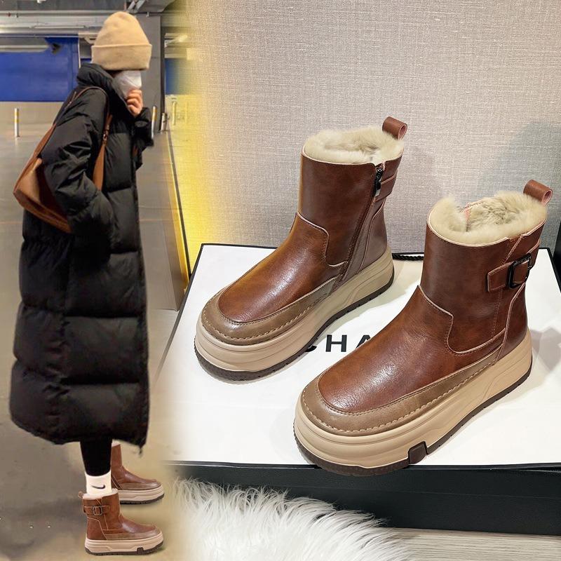 Winter velvet snow boots for women, thick-soled casual leather short boots, high-top thickened warm cotton shoes