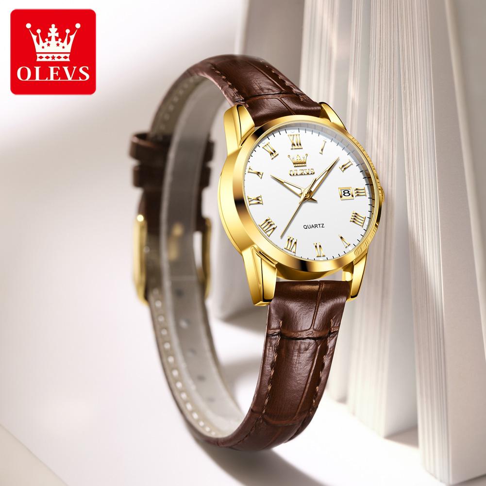 OLEVS 5892 Quartz Watches for Women Elegant Leather Strap Classic Dual Calendar Simple Waterproof Luminous Business Ladies Watch