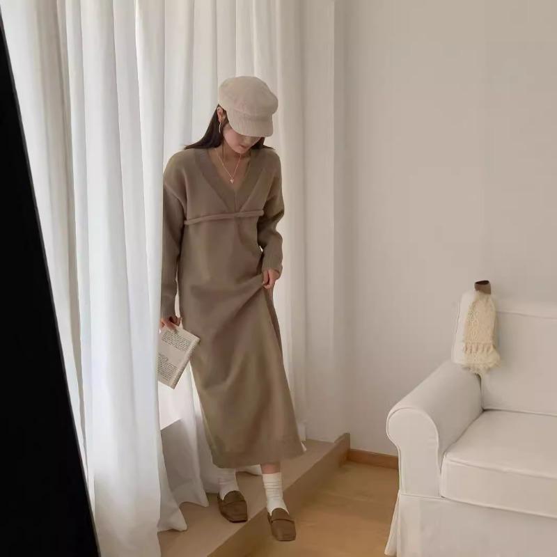 Retro long fake two-piece sweater long-sleeved dress loose and lazy style thin versatile pullover sweater women