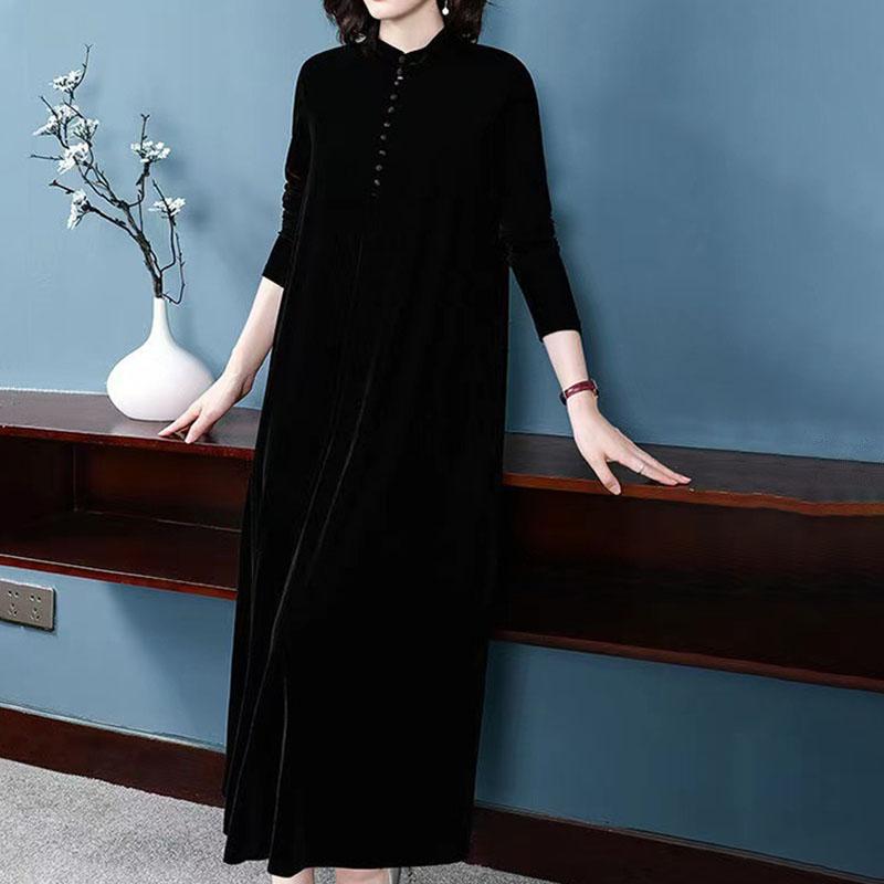Women's Plus Size Dress Long Gold Velvet Dress Loose Retro Solid A-Line Dress Spring Autumn