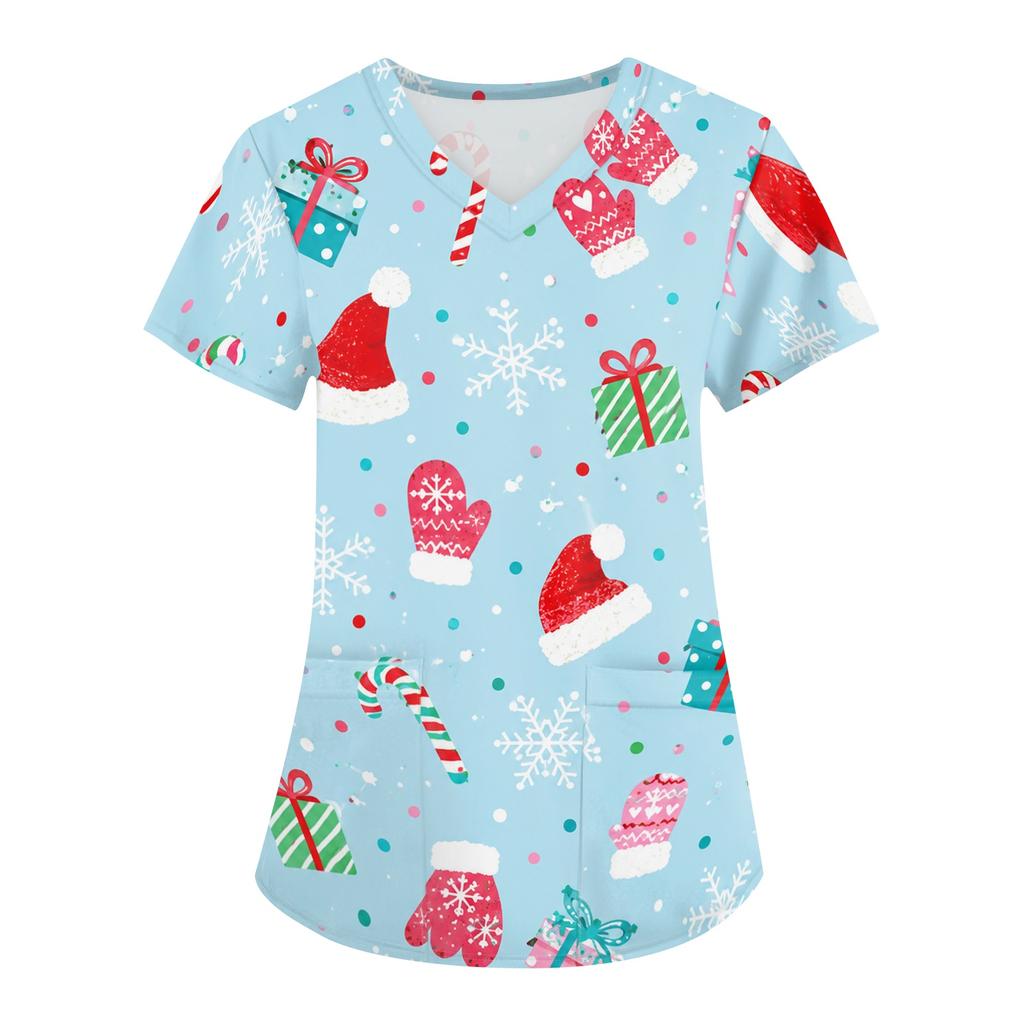 Women's Christmas Uniform V-Neck Short Sleeve Work Top for Caregiver