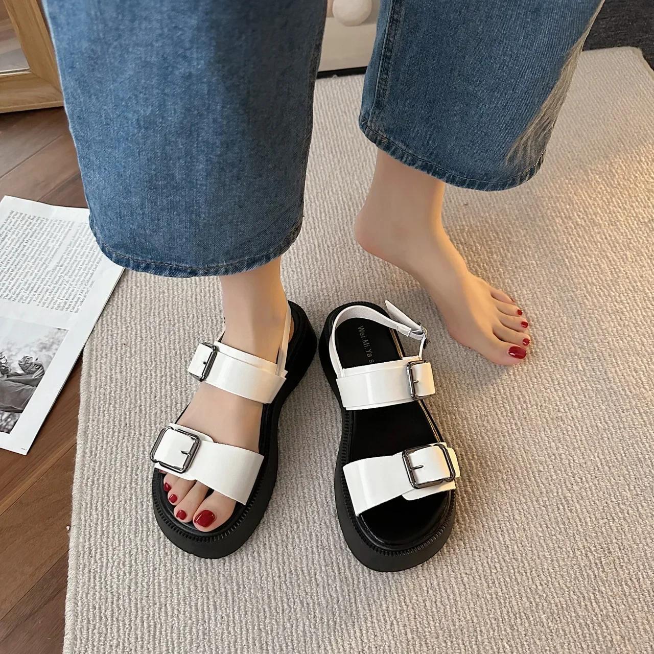 

Мода 2024 Платформенные сандалии Женская летняя обувь Шлепанцы с пряжками Повседневные сандалии Черные Спортивные Плоские Сандалии Женские Женская обувь 40 белый