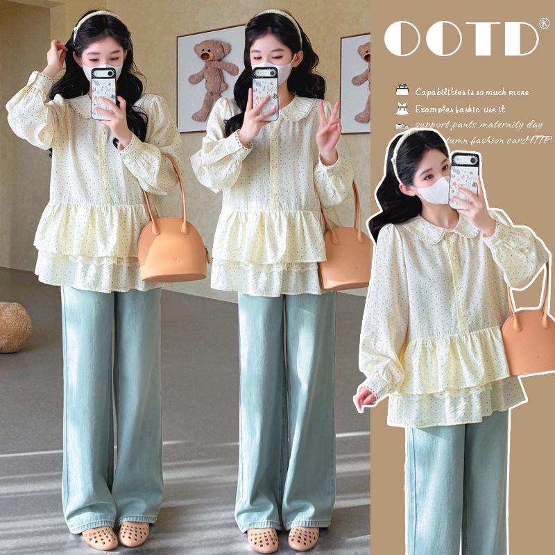 2026 Spring/Summer Polka Dot Lace Patchwork Sweet Long-Sleeve Doll Collar Blouse M