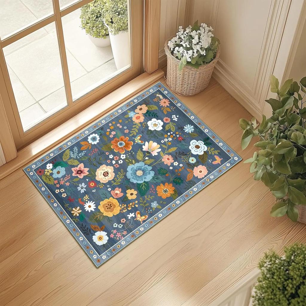 Scandinavian Style Floral Entry Doormat Anti Slip Light Luxury American Countryside Decorative Carpet Home Decoration