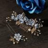 Fashion Elegant Blue Flower Women Hair Combs Headdress Prom Bridal Wedding Hair Accessories Gold Leaves Hair Jewelry Hair Pins