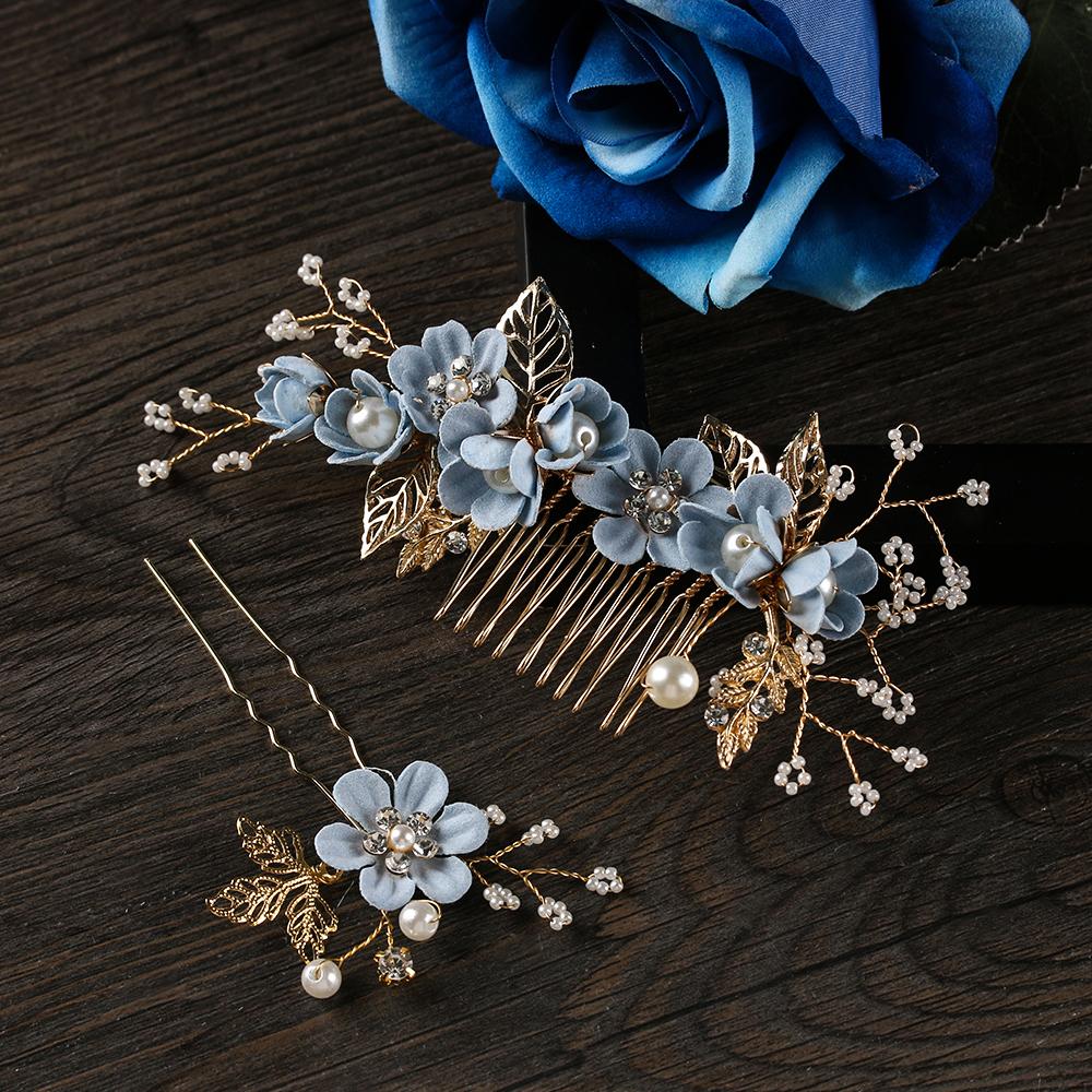 Fashion Elegant Blue Flower Women Hair Combs Headdress Prom Bridal Wedding Hair Accessories Gold Leaves Hair Jewelry Hair Pins