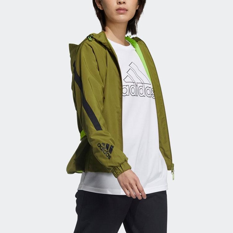 Adidas Striped Print Zip-Up Hooded Jacket With Drawstring Waist Women Outerwear Army-Green GM0699