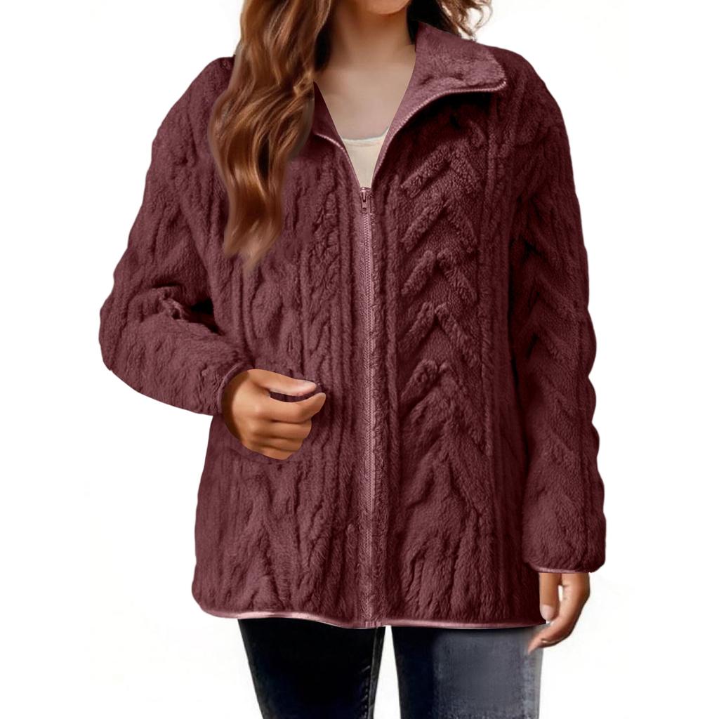 Women's Casual Zipper Knitted Stand Collar Sweater Long Sleeve Warm Coat