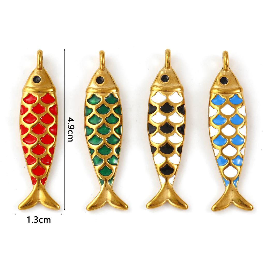 2 PCS 304 Stainless Steel Ocean Jewelry Pendants 18K Gold Plated Enamel Fish Animal 3D Charms For Keychains Necklace 4.9cmx1.3cm