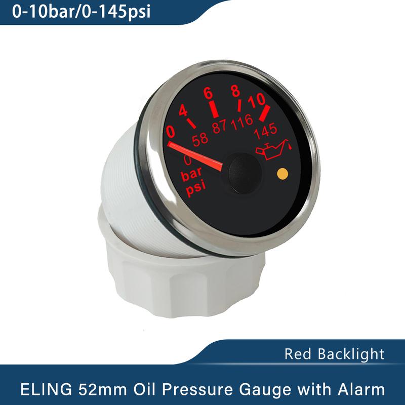 ELING New 52mm Oil Pressure Gauge Meter 0-5Bar 0-10Bar with Red Backlight and Light Alarm for Ships Motorcycle 9-32V