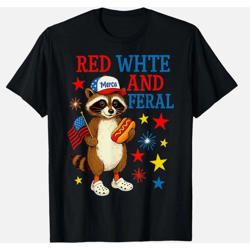 T-shirt dr?le raton laveur 4 juillet, mignon, rouge, blanc et Feral S