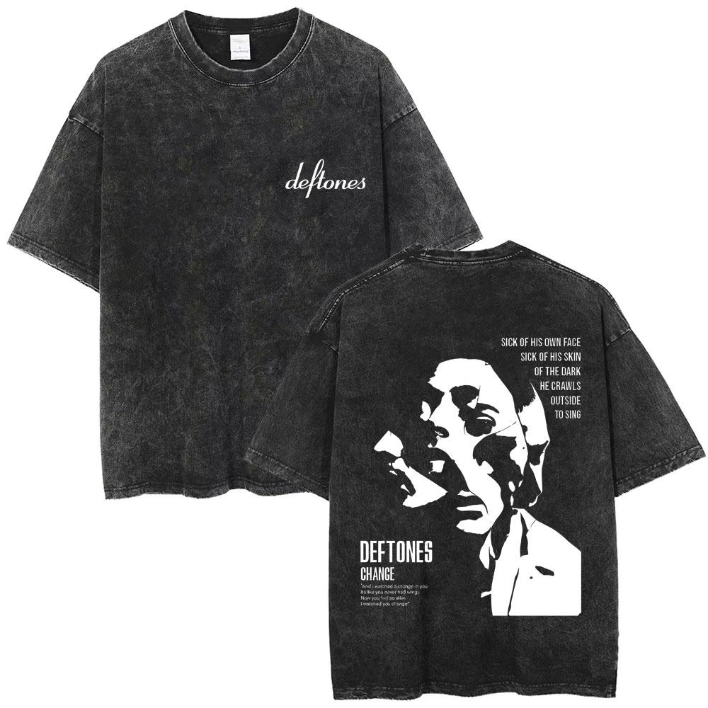 Washed Vintage Rock Band Deftones Cat Graphic Tshirts Men Alternative Heavy Metal Short Sleeve T Shirts Male Retro Streetwear