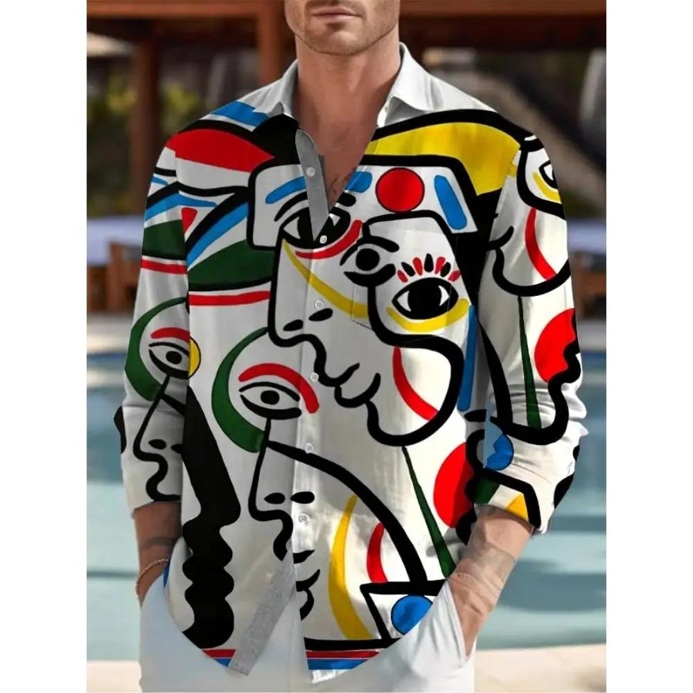 2024 New Men's 3D Art Painting Fashion Print Single Breasted Long Sleeve Shirt Casual Shirt Men's Loose Lapel Long Sleeve