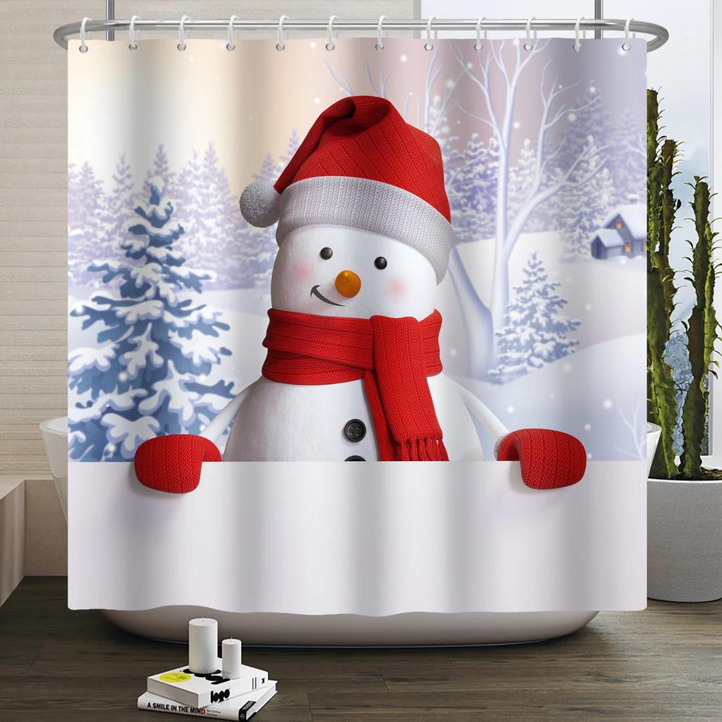 Christmas Shower Curtain Xmas Tree Winter Forest Snow Cute Snowman Bathroom Shower Curtain Waterproof Bath Curtain With Hook