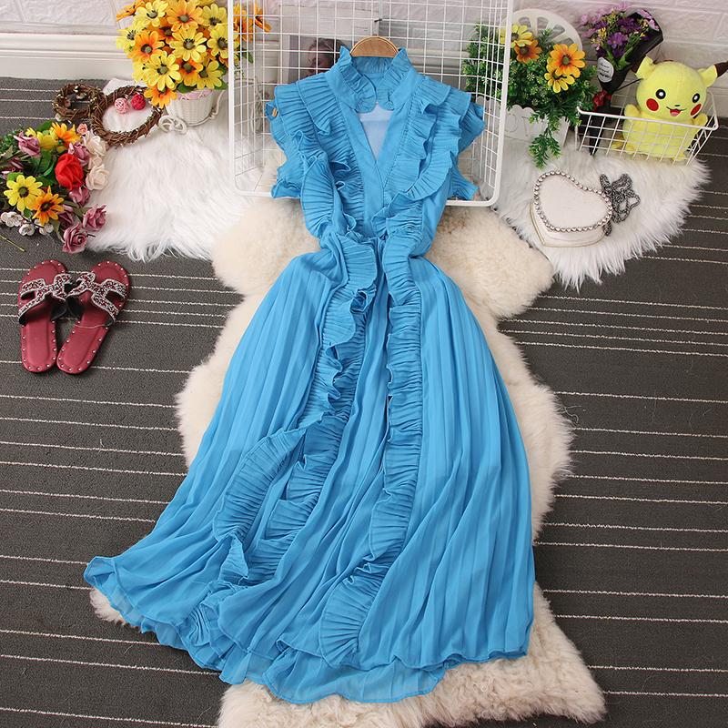 

Элегантное платье с короткими рукавами и оборками, женское лоскутное удобное однотонное дизайнерское платье, женская корейская мода, повседневная пляжная одежда для вечеринок 2024 One Size синий