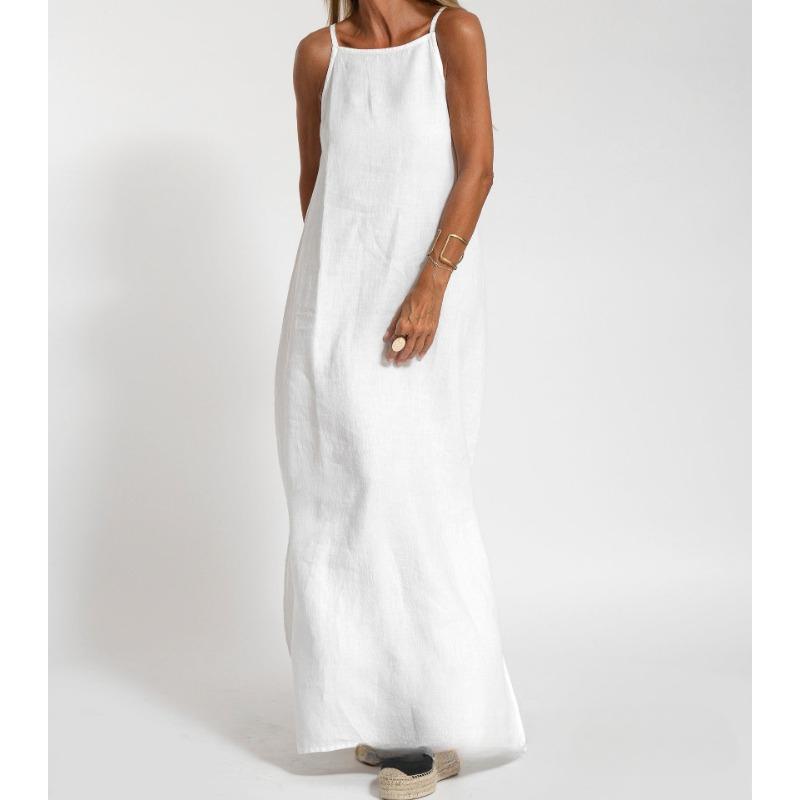 Fashionable and Casual Cotton and Linen Split Suspender Dress