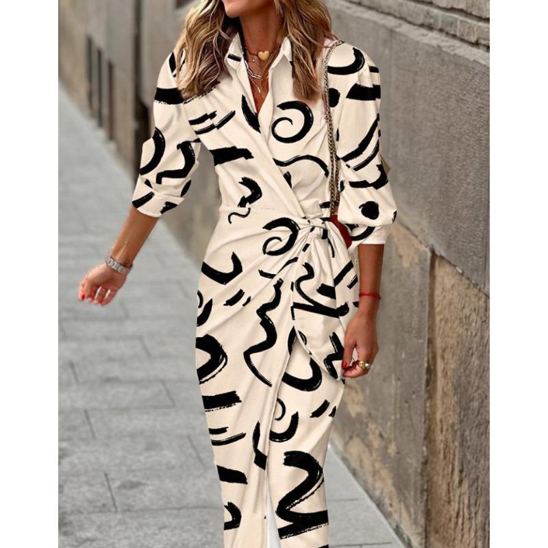 

Модное принтованное элегантное повседневное женское платье-рубашка с длинным рукавом на шнуровке, офисное, для дам, свободного облегания, приталенное, для вечеринок и праздников, женская простая одежда с лацканами 2XL белый